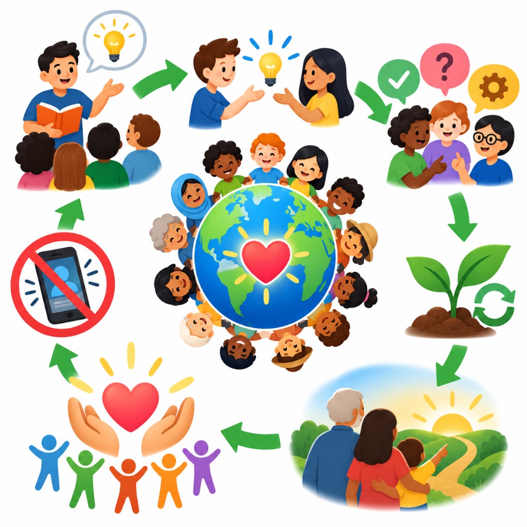 Illustration of teaching, sharing ideas, collaboration, growth, community, and putting phones down — people holding hands around a heart-centered world
